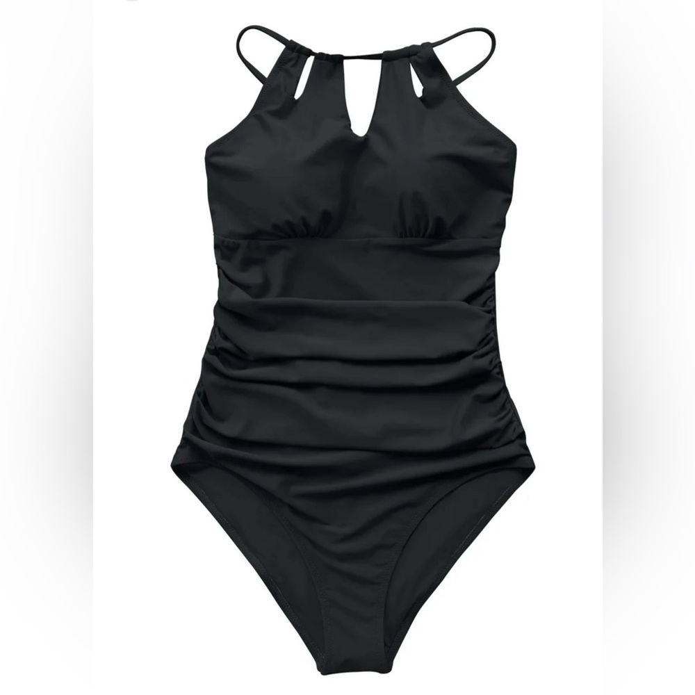 Black High-Neck One-Piece Swimsuit with Ruching